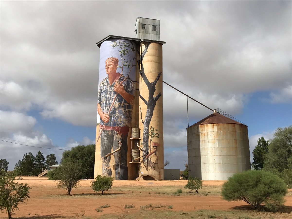 A tall canvas: Brisbane artist Fintan Magee transformed the Patchewollock silo with his portrait of local farmer Nick Hulland. PIC: Ben Rodin
