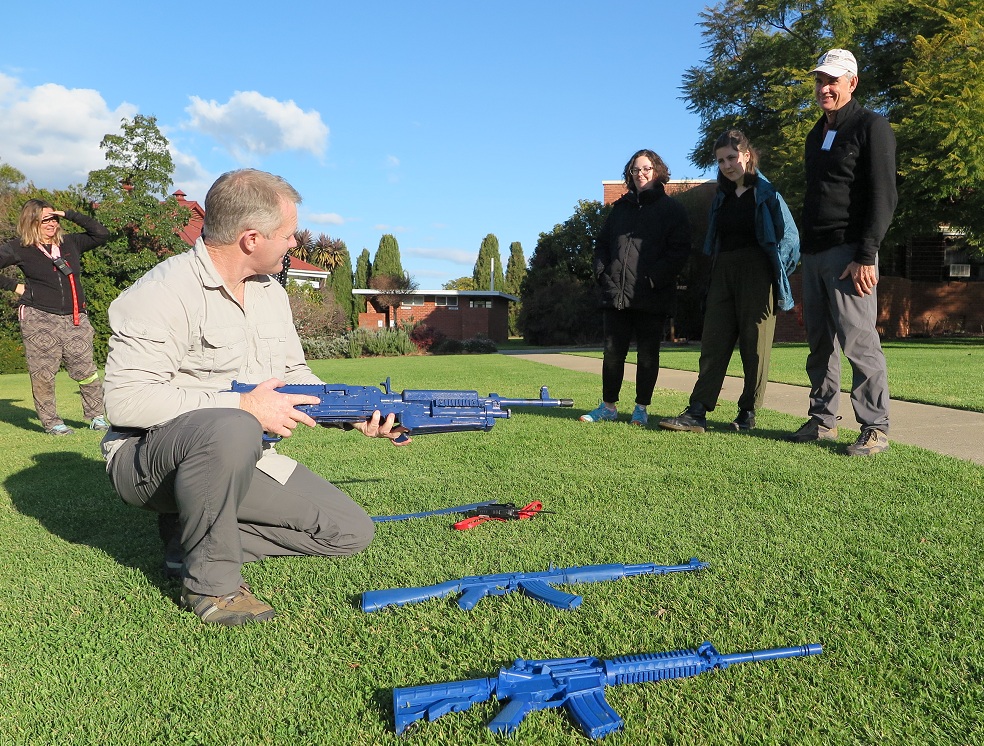 Instructor Warren Johnston sets the scene for participants in the hostile environments training course at Melbourne University&rsquo;s Dookie campus. PIC: RedR