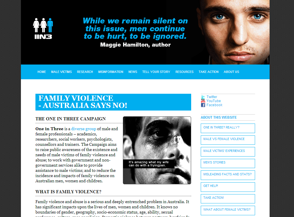 The homepage of the One in Three Campaign, which aims to &ldquo;raise public awareness of the existence and needs of male victims of family violence and abuse.&rdquo;