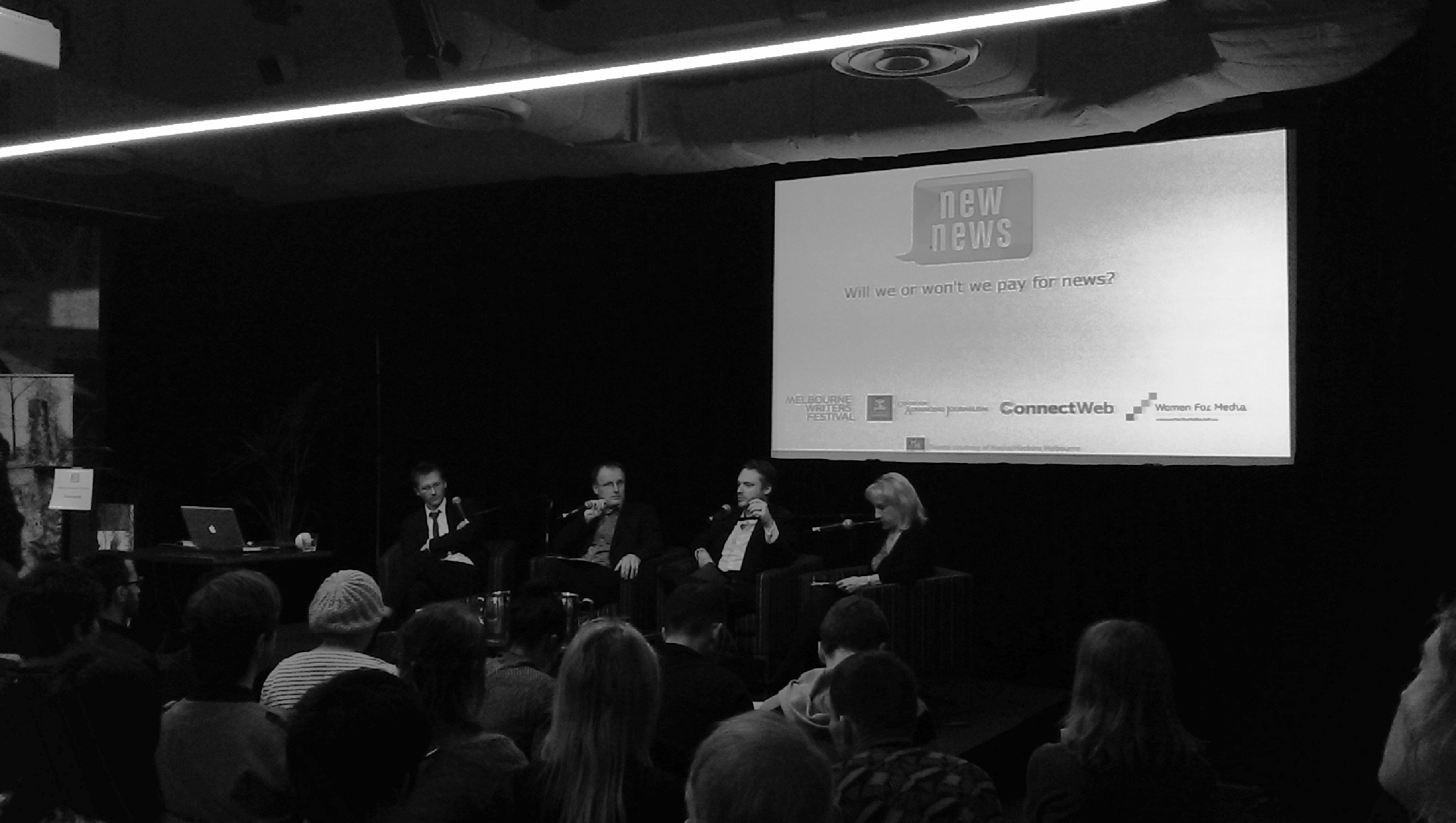 From left to right: Hal Crawford (ninemsn), Andrew Dodd (Swinburne University), Jon Burton (Herald Sun), Pamela Williams (Australian Financial Review).