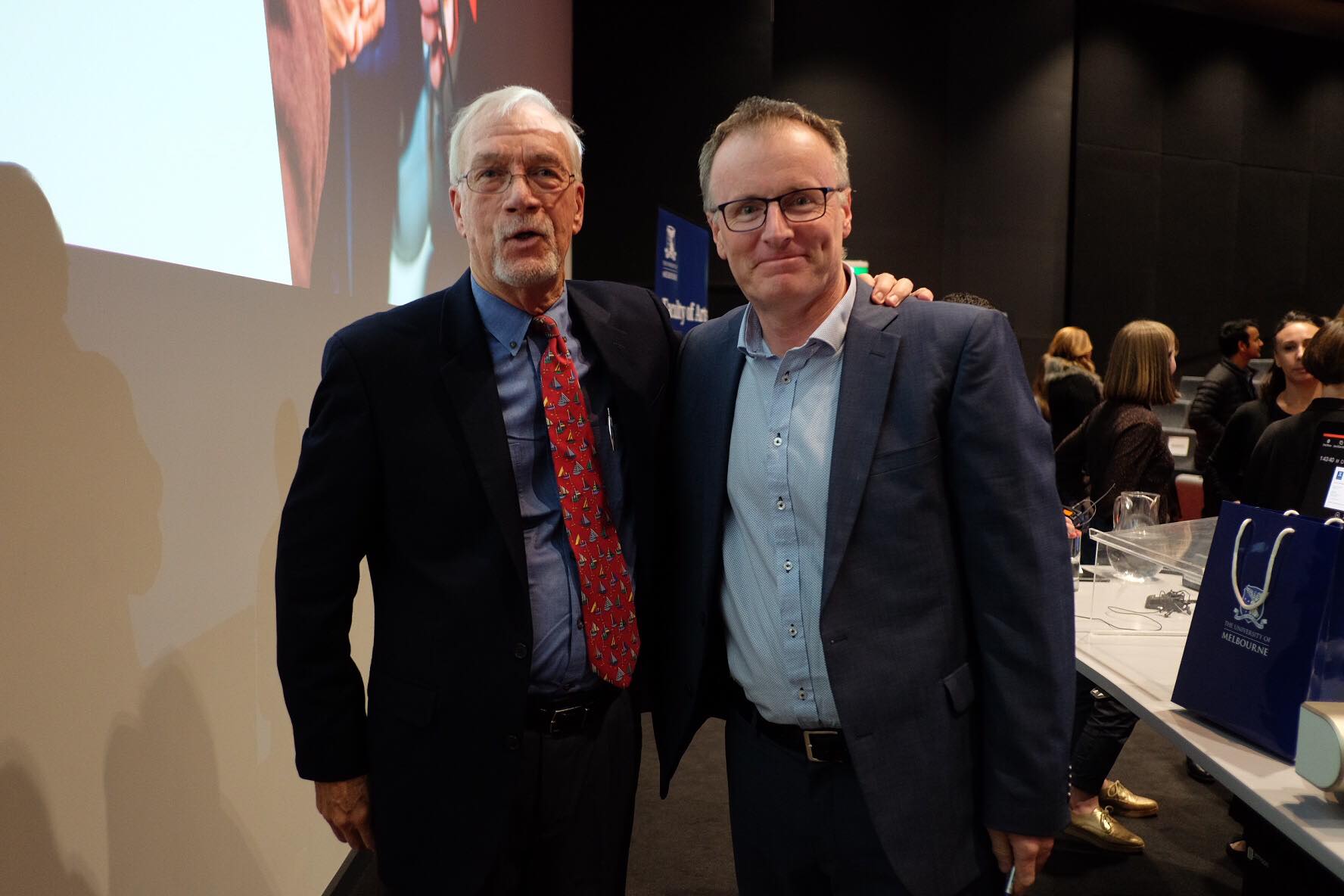 Walter Robinson (left) after delivering the Centre for Advancing Journalism&rsquo;s AN Smith Lecture with CAJ director Associate Professor Andrew Dodd.