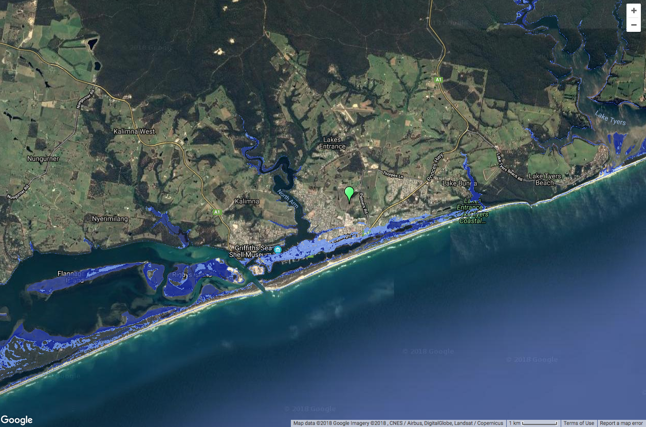 This map prepared by Coastal Risk Australia models high tides in 2100 around Lakes Entrance and the Gippsland Lakes. It presumes a high emissions scenario, which is close to the present course. Dark blue shows present day highest tides; light blue models highest tides in 2100. This tool can be accessed for any site on the Australian coast at this site: http://coastalrisk.com.au/viewer