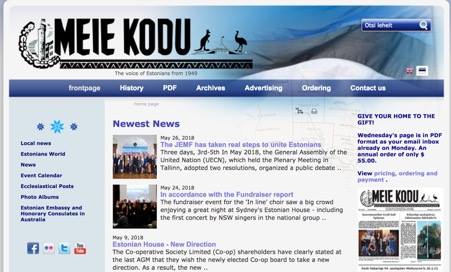 Meie Kodu&rsquo;s front page on 31 May 2018 Note the balance of local events and world politics. The mission statement has also changed: &ldquo;The voice of Estonians since 1949&rdquo;.