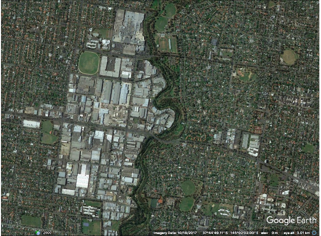 A Google Earth image showing the urbanisation around Darebin Creek.