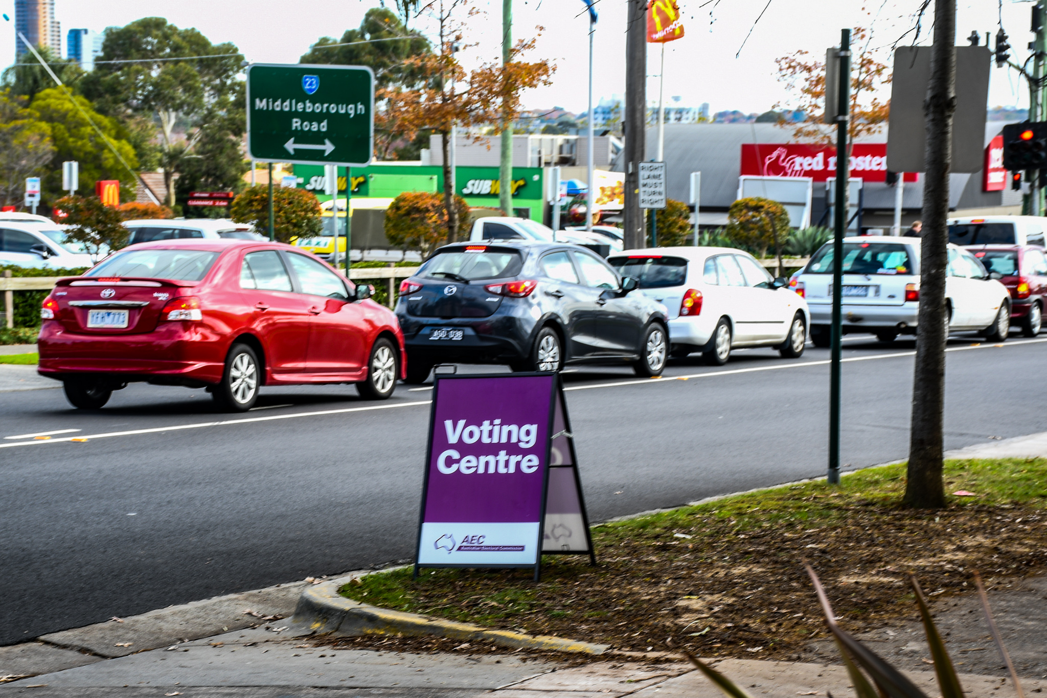 Congestion in Deakin. Cars queue outside the early voting centre at New Hope Community Centre in Blackburn North.