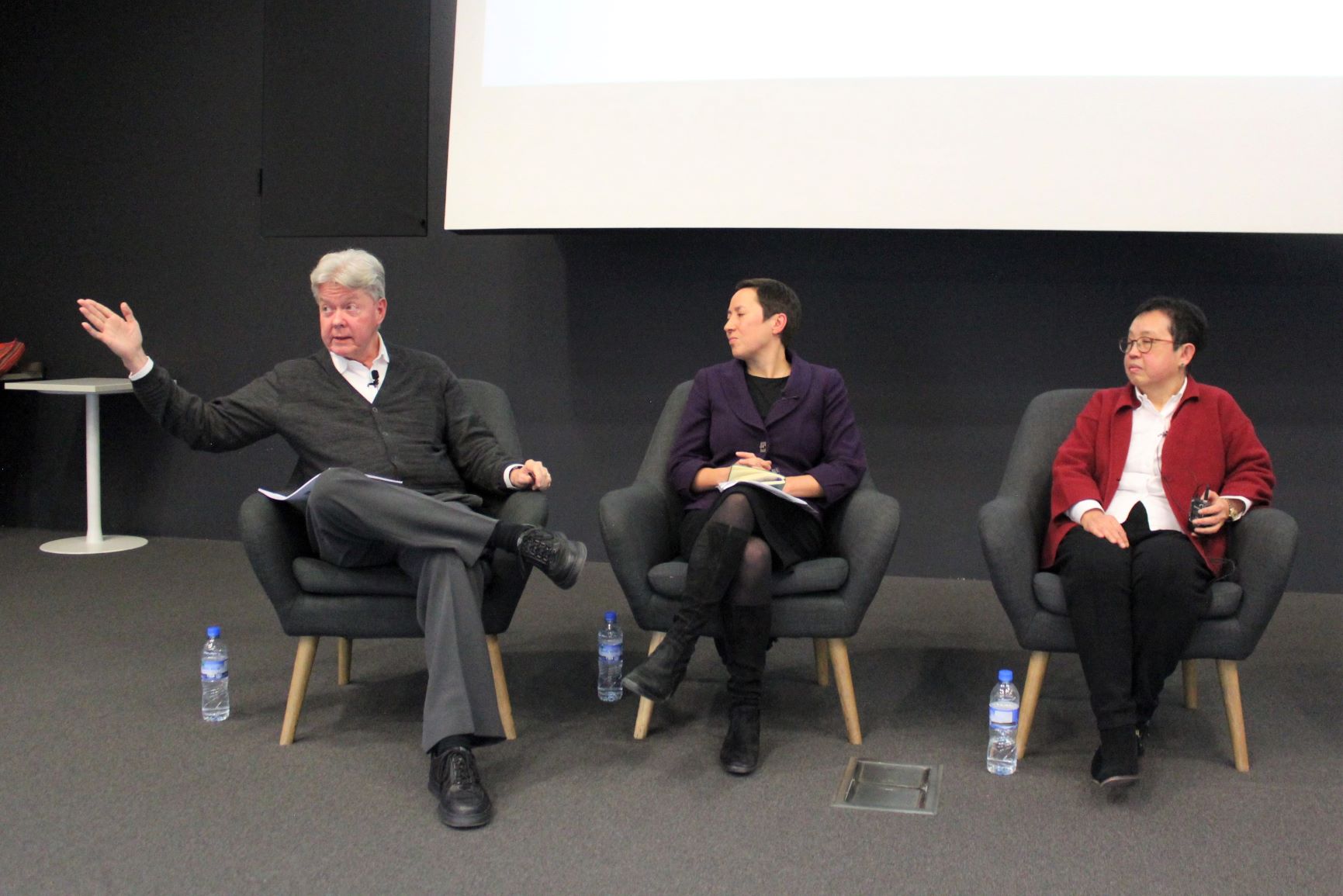 John Burns, of the University of Hong Kong, with fellow panelists from the University of Melbourne, journalist Louisa Lim of the Centre for Advancing Journalism, and Christine Wong, director of the Centre for Contemporary Chinese Studies. Picture: Jordyn Beazley.