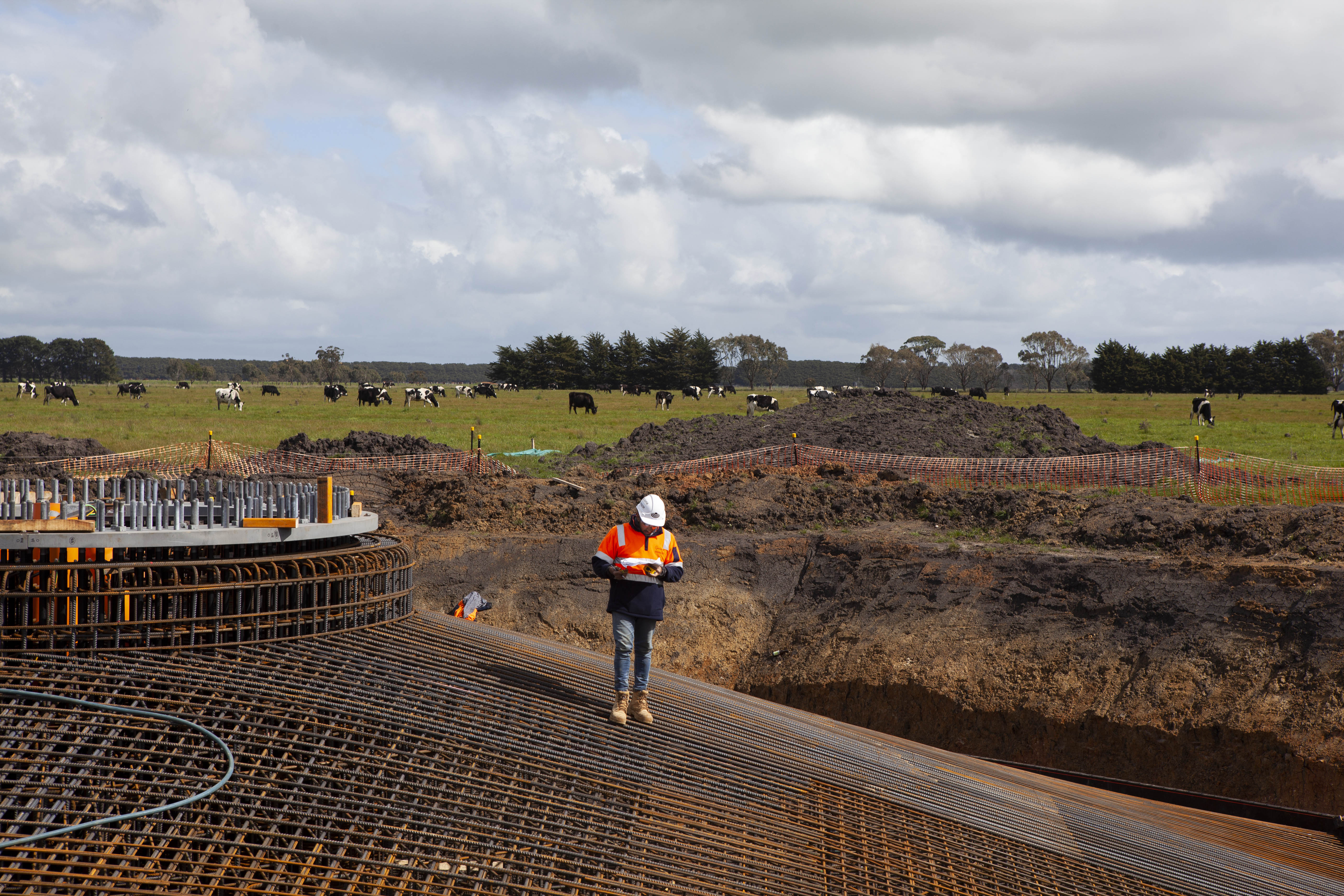 A worker on a concrete foundation of Mortlake South Wind Farm. Photo: Fangying Zhou (Flavia)