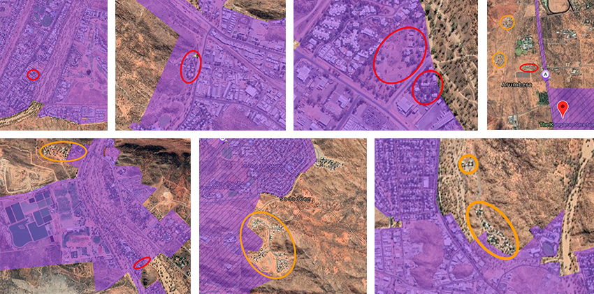 Town camps circled orange (Hoppy&rsquo;s Camp, Charles Creek, Karnte, Little Sisters and Hidden Valley) have satellite internet, which advocates say is not suitable for large numbers of users. Town camps circled red (Ilparpa, Abbott&rsquo;s camp, Morris Soak, Palmer&rsquo;s camp, Mt Nancy, Old Timer&rsquo;s and Whitegate)&nbsp;have not been connected to NBN, despite some showing on the map as having fibre to the node (FTTN) available.&nbsp;Anthepe town camp (circled orange at top of top right image) has satellite available but no active connection.&nbsp;Information on which camps have access to which technology was provided by NBN.