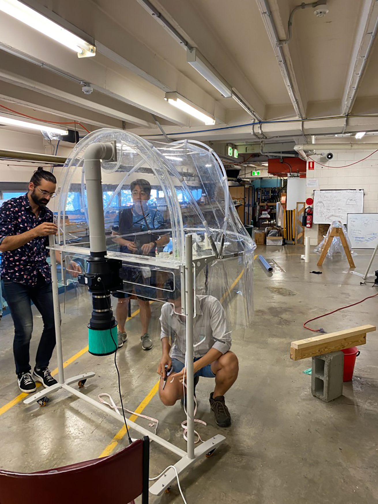Dr Monty (left) and his team worked 18-hour days to produce a prototype &ldquo;hood&rdquo; within 48 hours of being approached by Dr McGain. Photo: supplied.