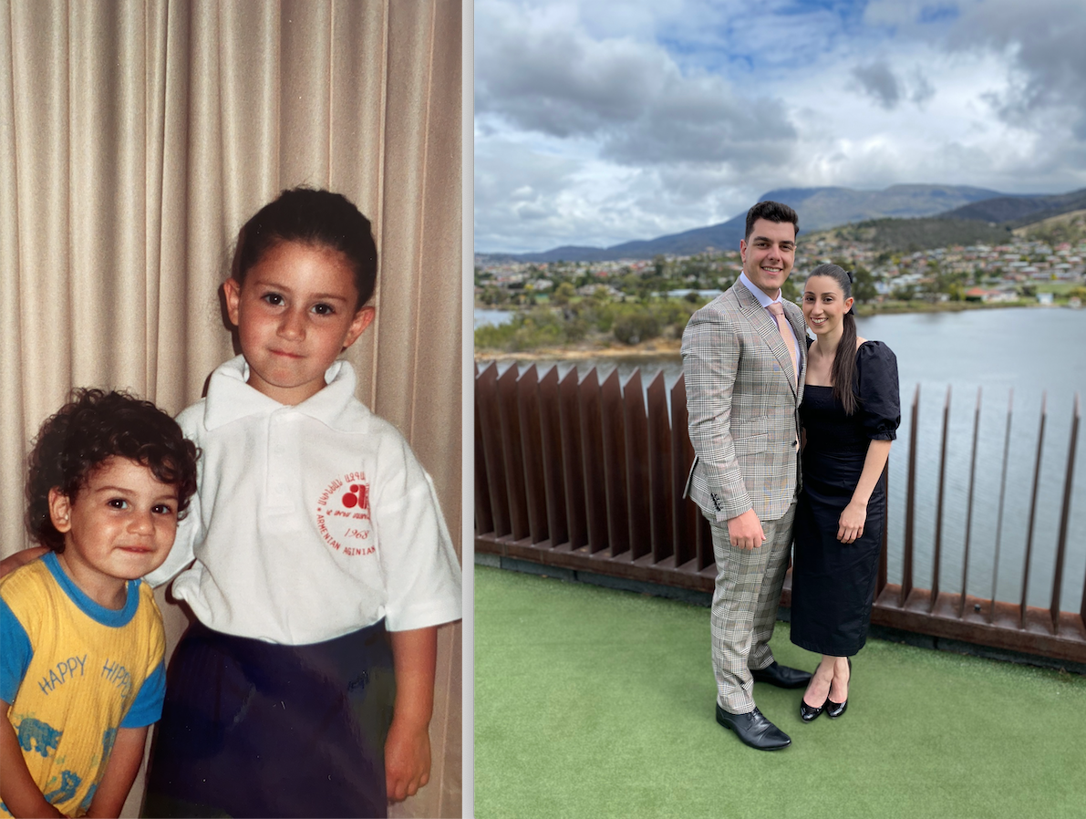 Nairi Tchorbadjian (in white shirt) on her first day of Armenian school, grew up with a strong connection to her multicultural heritage. She continues to embrace these ties today, with a close group of Armenian friends and an Armenian boyfriend.