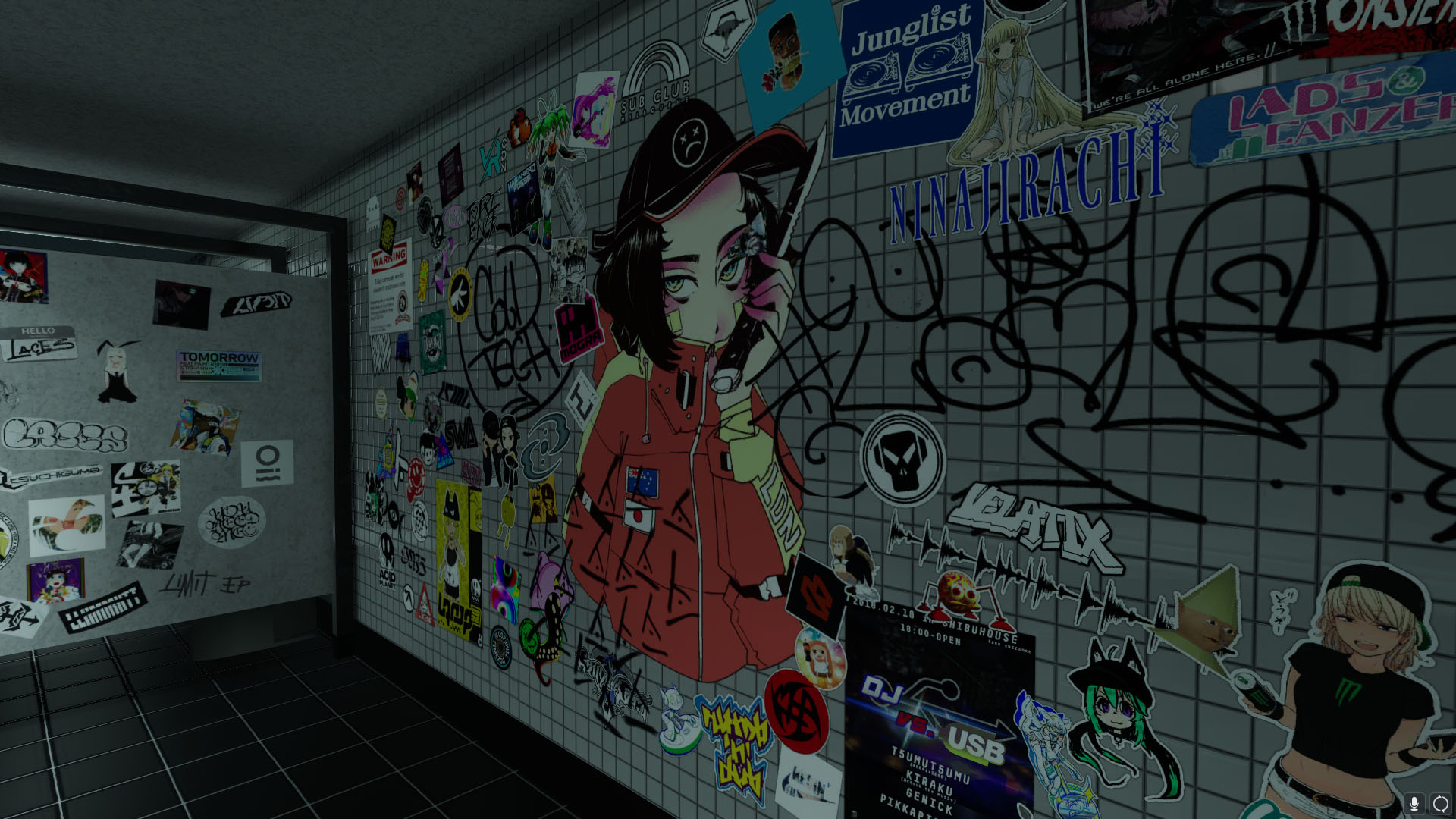 Loner’s virtual world featres a dingy club bathroom. The tiled wall is plastered with stickers from performers and community members, Image Credit: Supplied