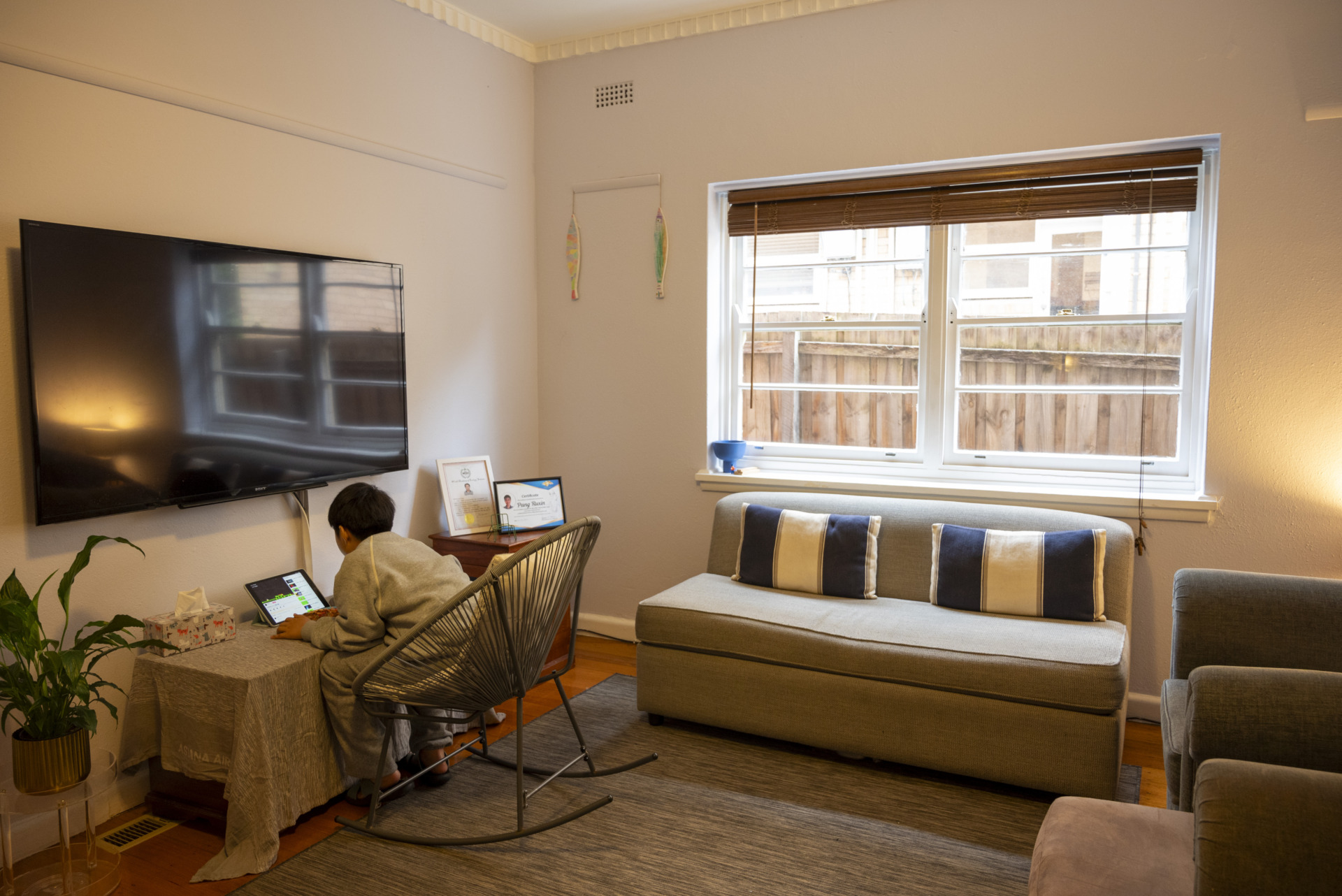 Edward eats pizza while using a tablet. Their living room has a TV, plants, and a bowl of hazelnuts they collected. Sunlight streams through the windows, brightening the space.