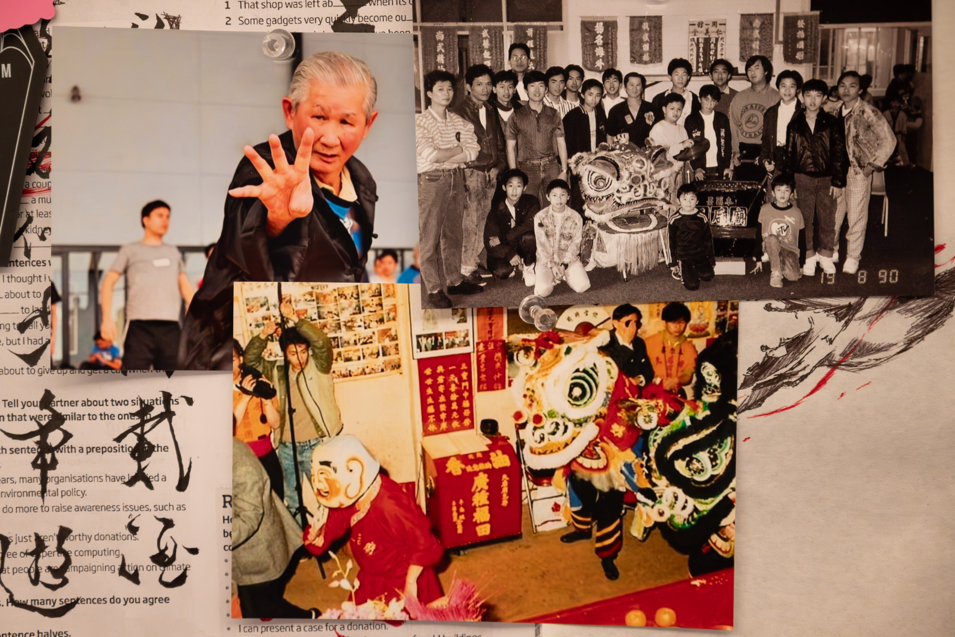 21 October 2024.&nbsp; on&nbsp; Frank Lam has three of his family&rsquo;s most meaningful photos posted in front of his desk, at his house in Maribyrnong, Melbourne, Australia. The first one on the left is a photo of his grandfather Tseng Gong Seng during training. The photo on the right is a photo of Frank&rsquo;s family, and the color photo at the bottom is a photo of Frank&rsquo;s family performing lion dance in Chinatown in the 1990s. Below the photo is Frank&rsquo;s calligraphy, which expresses the teachings of his grandfather.