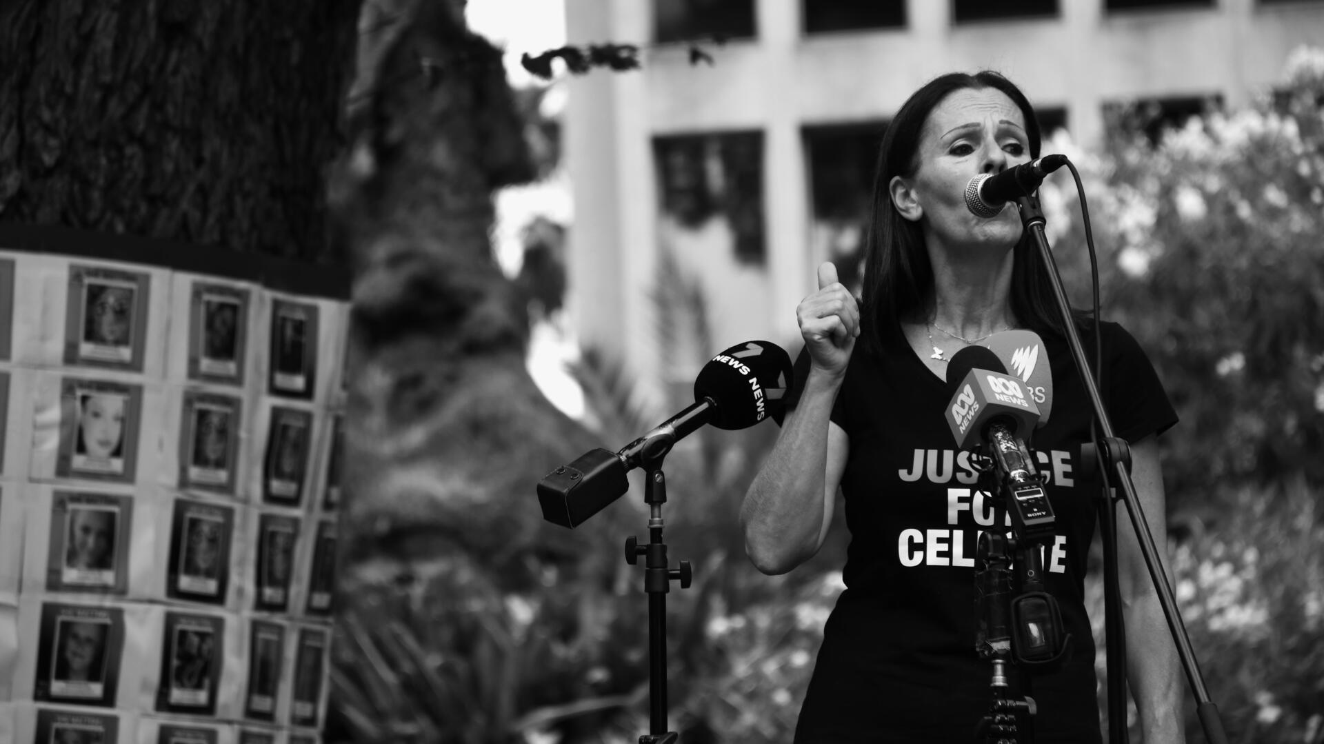 Aggie Di Mauro speaking at the Melbourne She Matters: Stop Killing Women Rally. Photo by Ashleigh Wyss