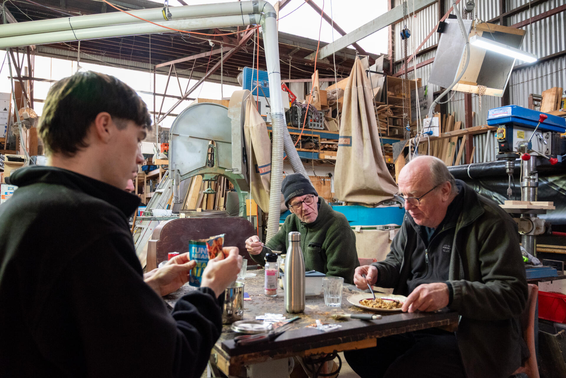 At FML, even lunch happens around the tools. A workbench doubles as a lunch table, offering members a break from their projects.