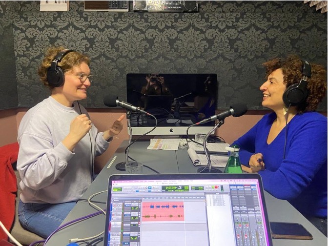 Although Laetitia Vitaud is not a host herself, she appears on podcasts as a guest. Vitaud, on the left, and Marielle Lieber-Claire, host of the podcast SPEECH SOCIETY, on the right. (Photo supplied by Marielle Lieber-Claire)