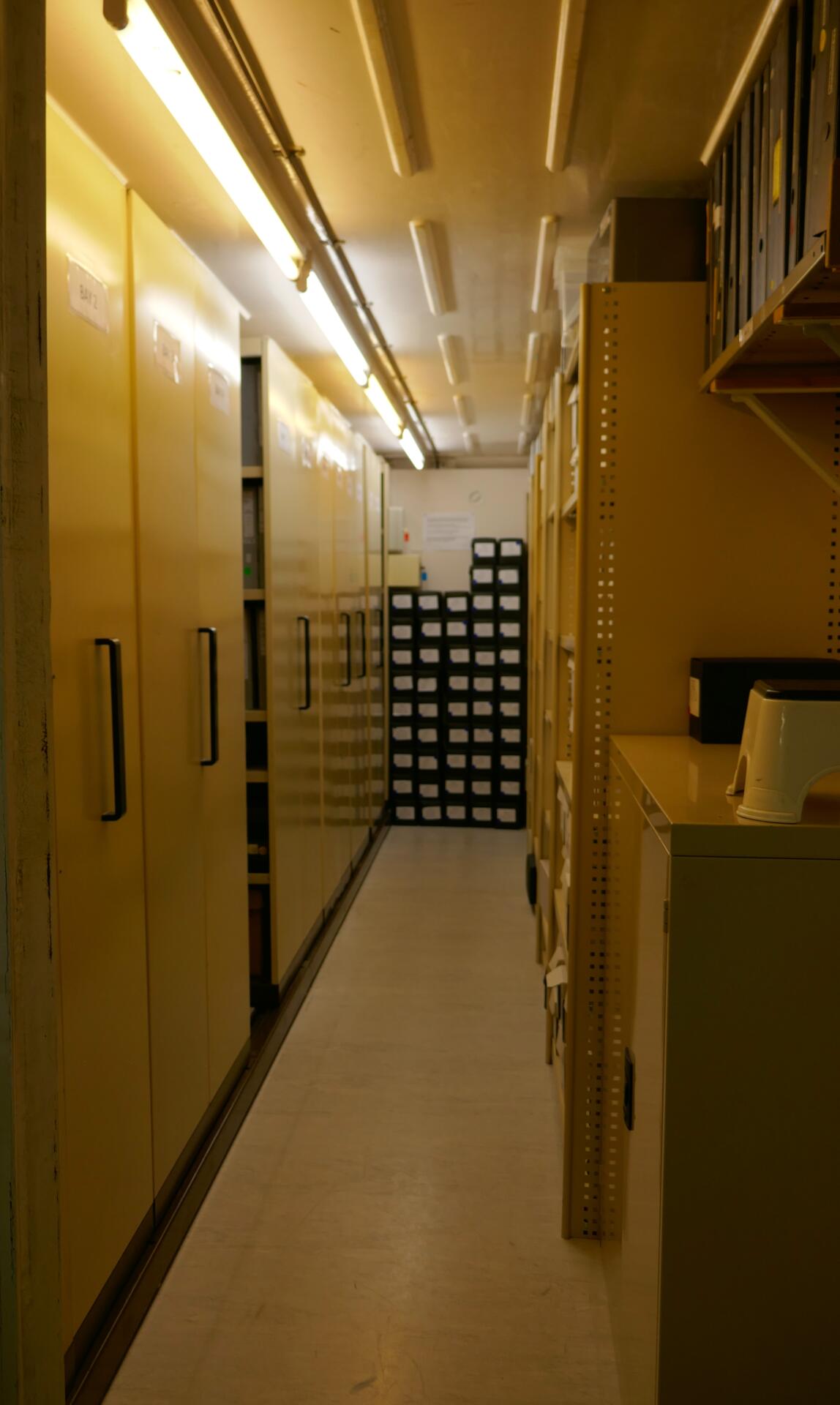 Inside one of the shipping containers at the AJM Wantirna site, re-purposed as storage for donated records and documents. Photo by Siena Kinkela.