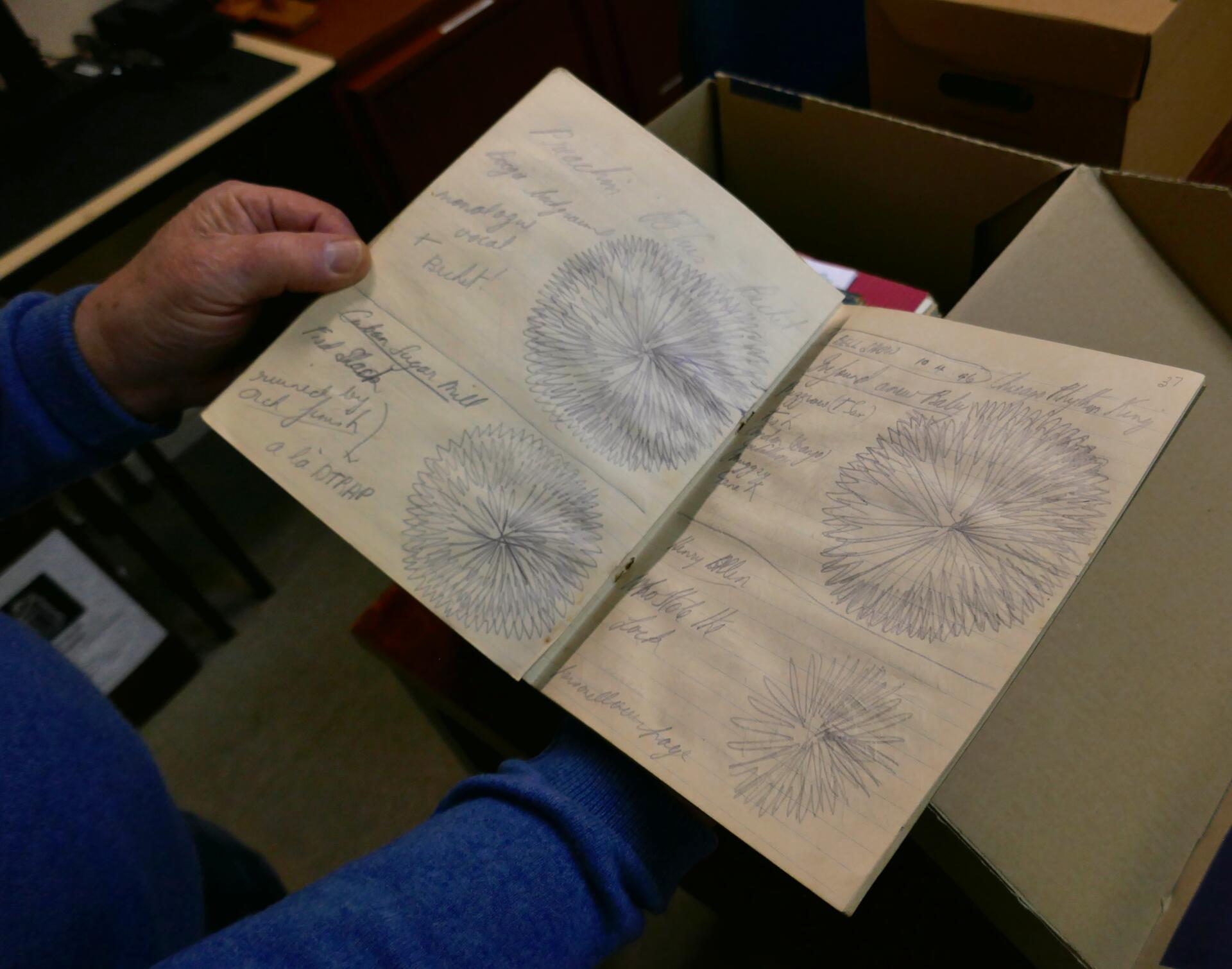 Allan Browne&rsquo;s notebook, featuring more sketches than music, a testament to his penchant for improvisation. Photo by Siena Kinkela.