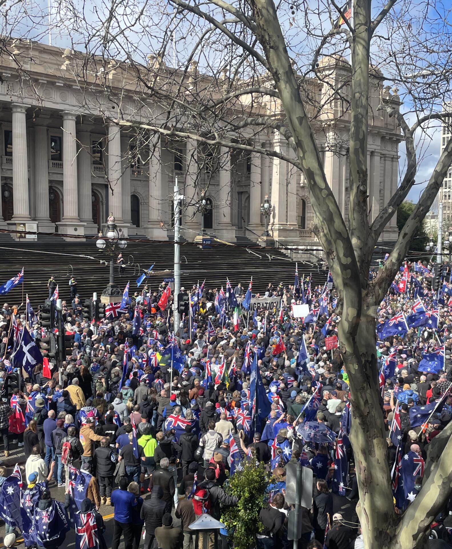 Rally attendees gather at the step of Victoria&rsquo;s Parliament House. Photo by Alexandra Nevill.