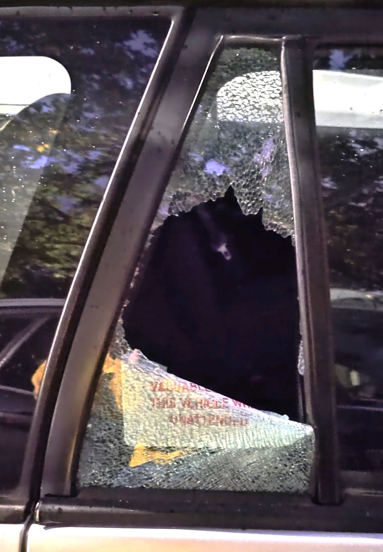 Tarascio&rsquo;s car window after a recent break-in. Image supplied by Giuliana Tarascio.