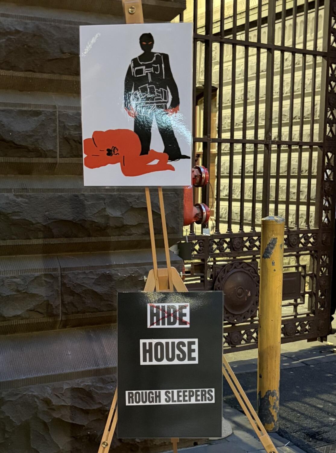 Activist posters mounted before the gates of Town Hall on 26 May. Image: Matt Melia