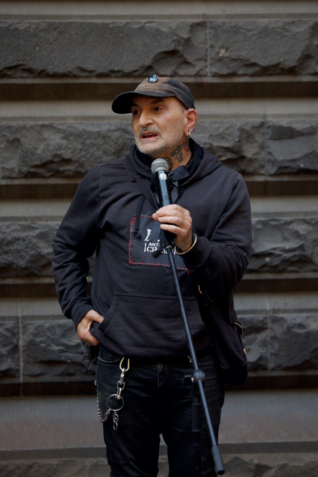 Homeless Persons Union co-founder Patrick &lsquo;Spike&rsquo; Chiappalone speaking at the Big Lean protest. Image: Michael Reynolds.