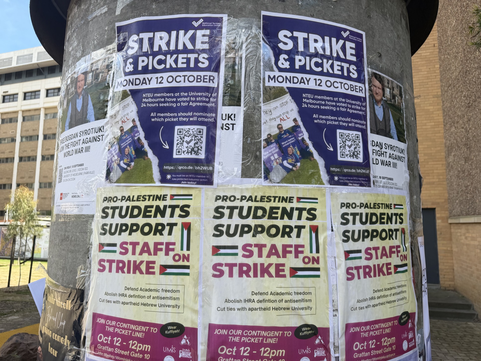 Posters for Monday&rsquo;s NTEU strike sit alongside student posters calling for a contingent to join the picket line, on the University of Melbourne&rsquo;s Parkville campus. Photo by Preeshita Shah.